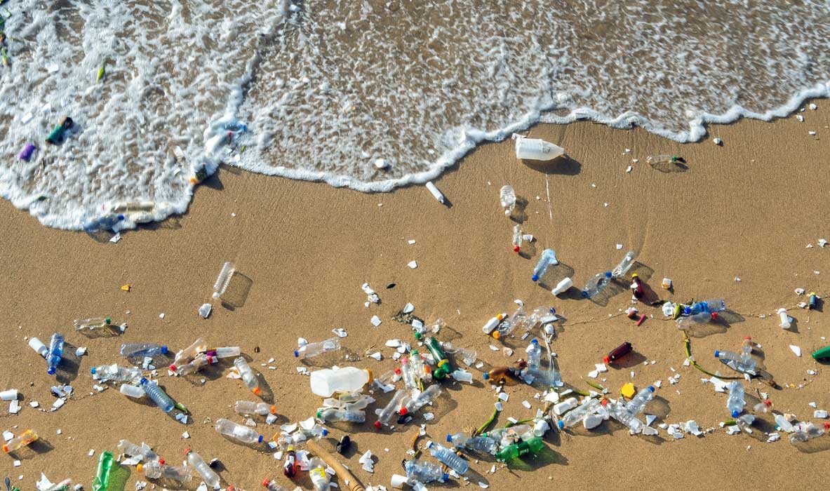 Discarded plastic bottles and debris washed up along a beach at the waterline