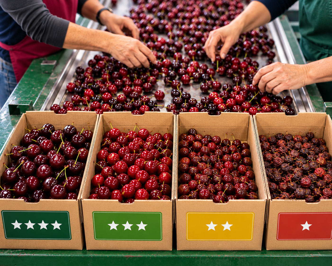 Workers sorting cherries on a packing line into five graded boxes, ranked one to five stars from poorest quality on the left to best on the right.