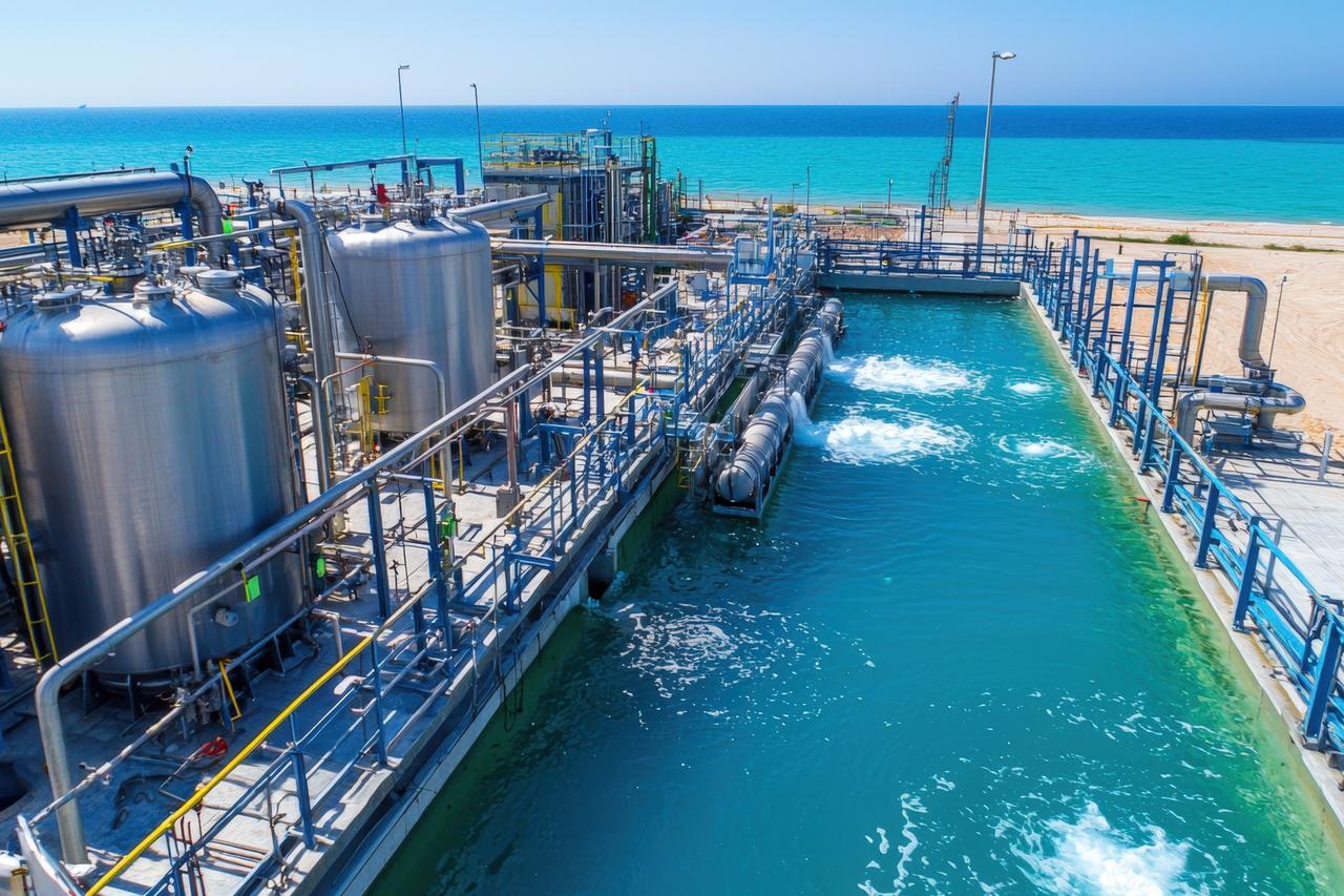 Illustration of a seawater desalination plant on the coast