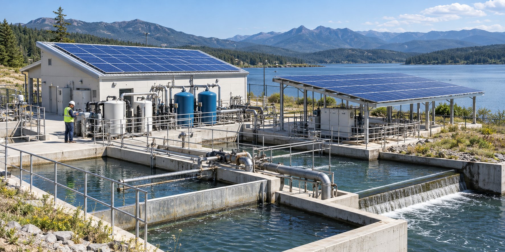 Water treatment plant beside a mountain lake, with solar panels on its pump house and over its equipment