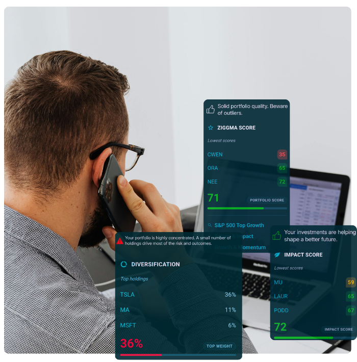 Investor looking at a screen with an overlay of Ziggma Portfolio Checkup snapshots