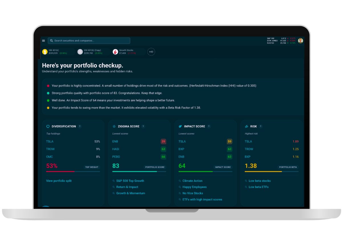 Ziggma Portfolio Checkup showing portfolio risk, diversification, and quality breakdown