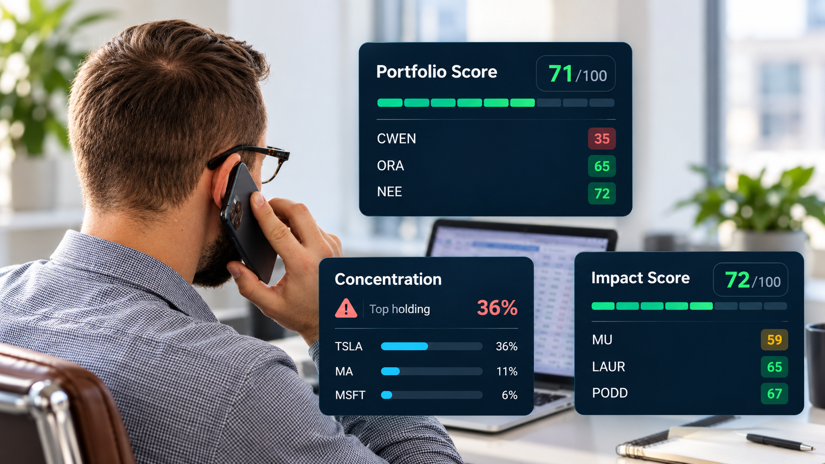 Investor looking at a screen with an overlay of Ziggma Portfolio Checkup snapshots