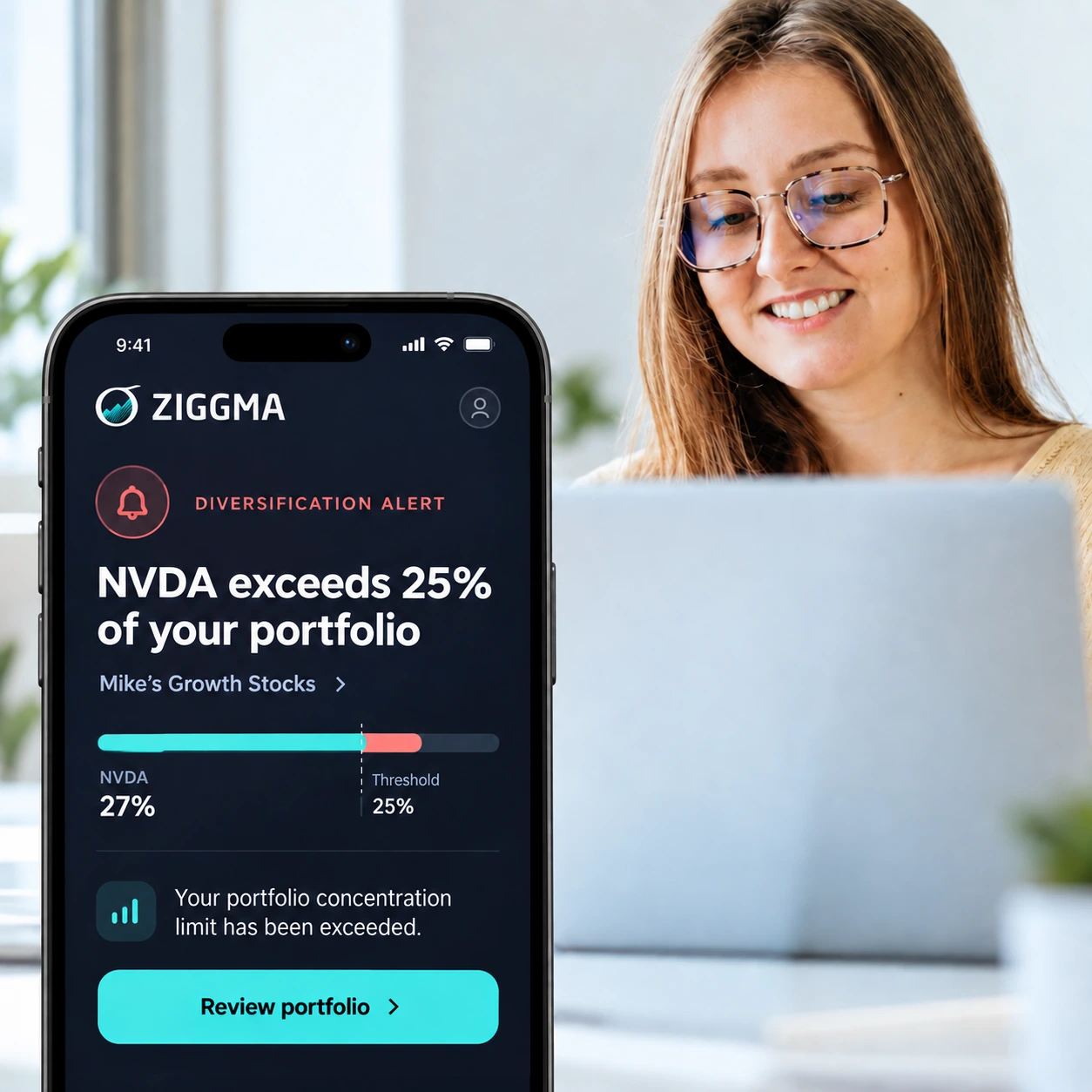 Illustration of Ziggma portfolio smart alert on home