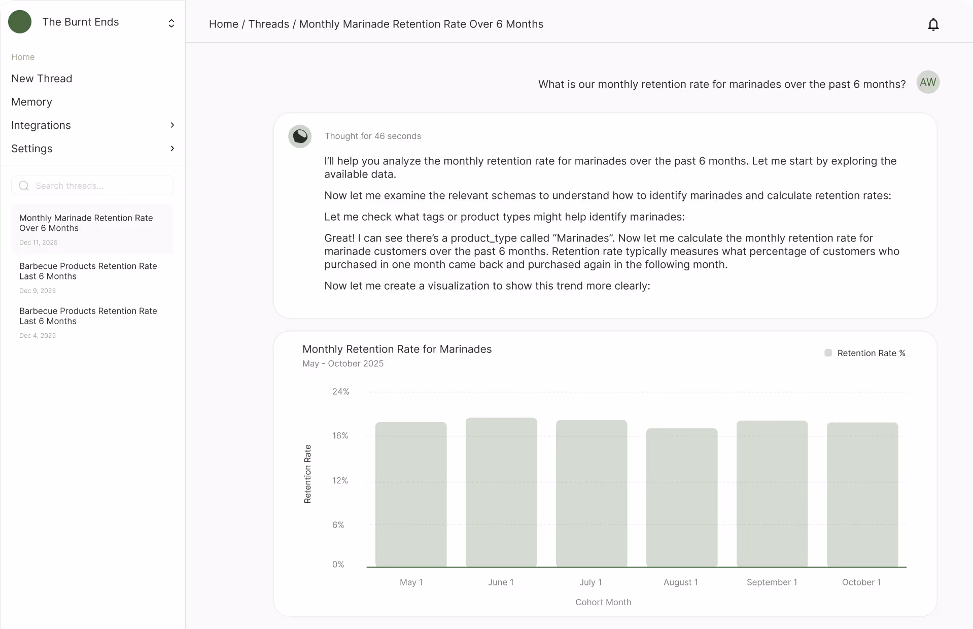 Chat interface analyzing monthly retention rate for marinades over six months with a bar chart indicating retention rates around 16% from May to October 2025.