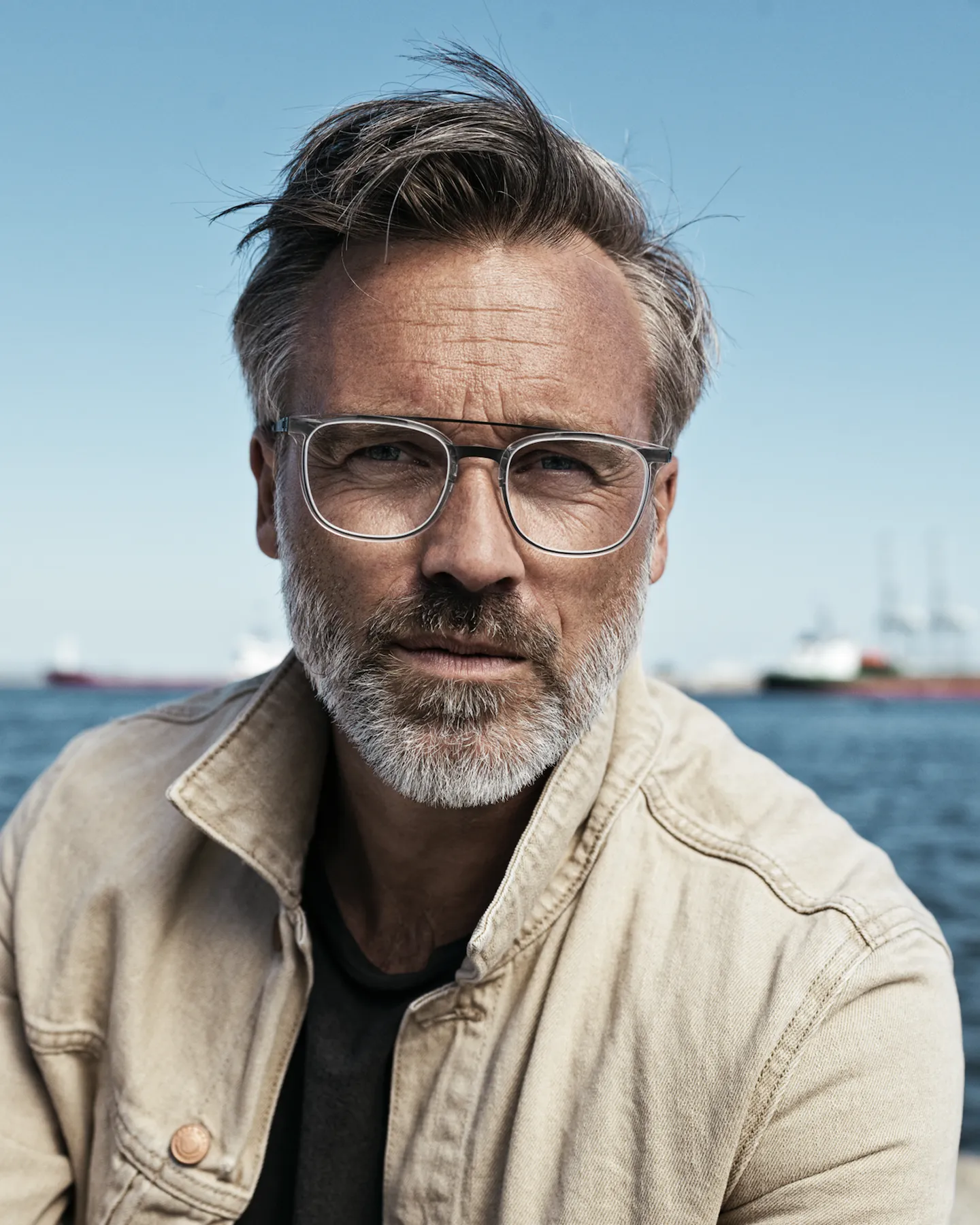 Middle-aged man with glasses near ocean, wearing beige jacket