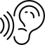 Stylized black and white icon of an ear with sound waves