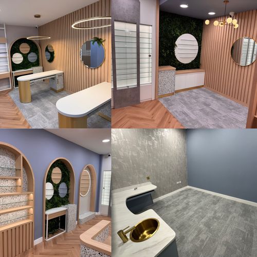 Modern salon interior design with wooden panels and circular mirrors