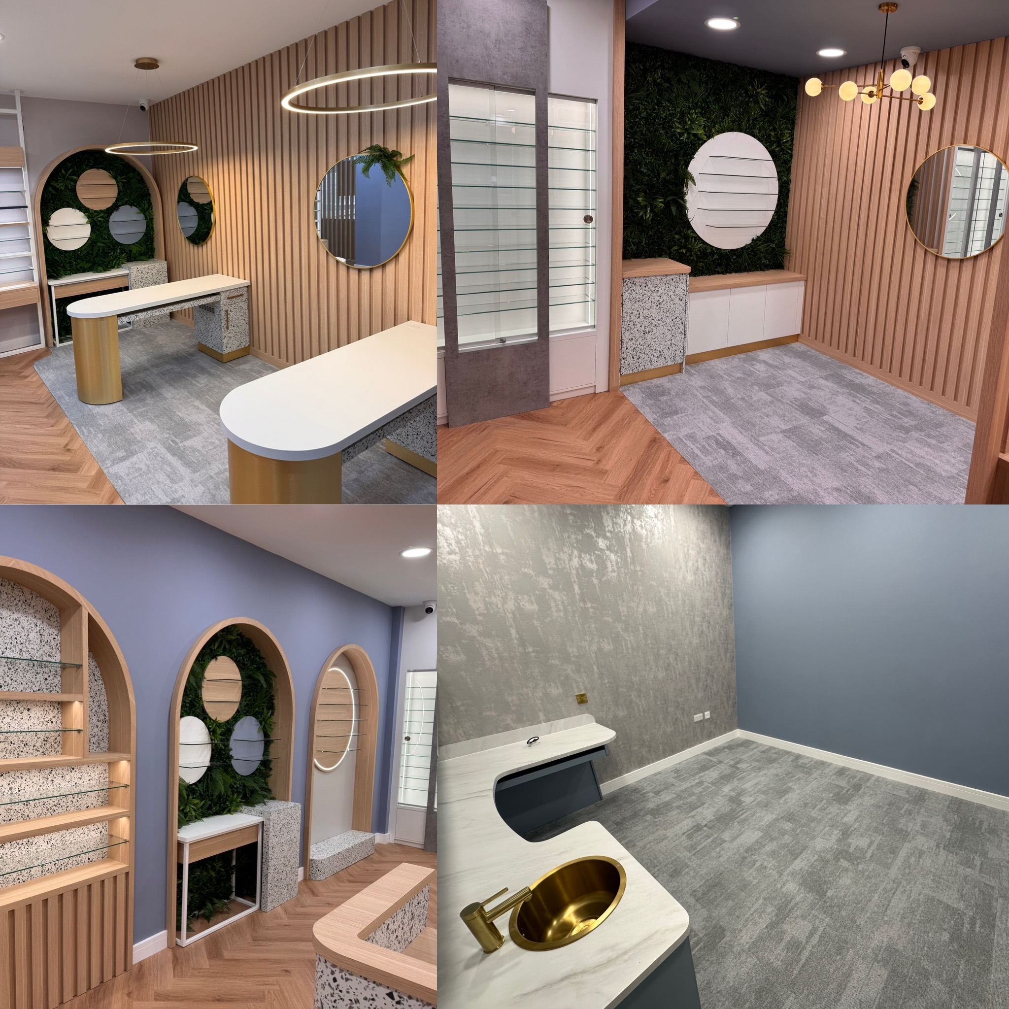 Modern salon interior design with wooden panels and circular mirrors