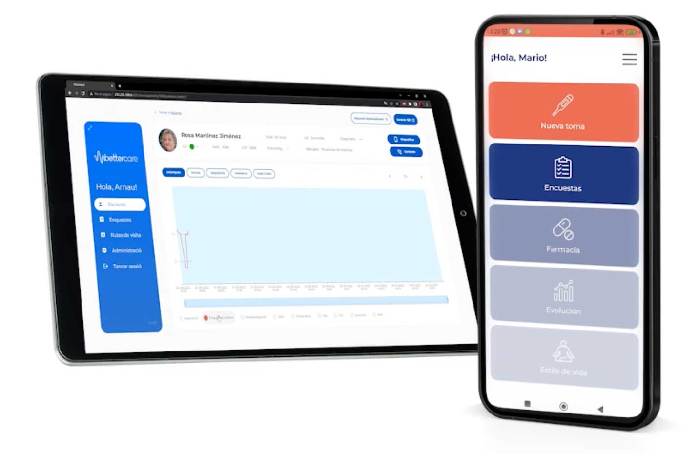 Tablet y teléfono con la aplicación BetterCare abierta, mostrando perfiles y opciones de salud como nueva toma, encuestas y farmacia.