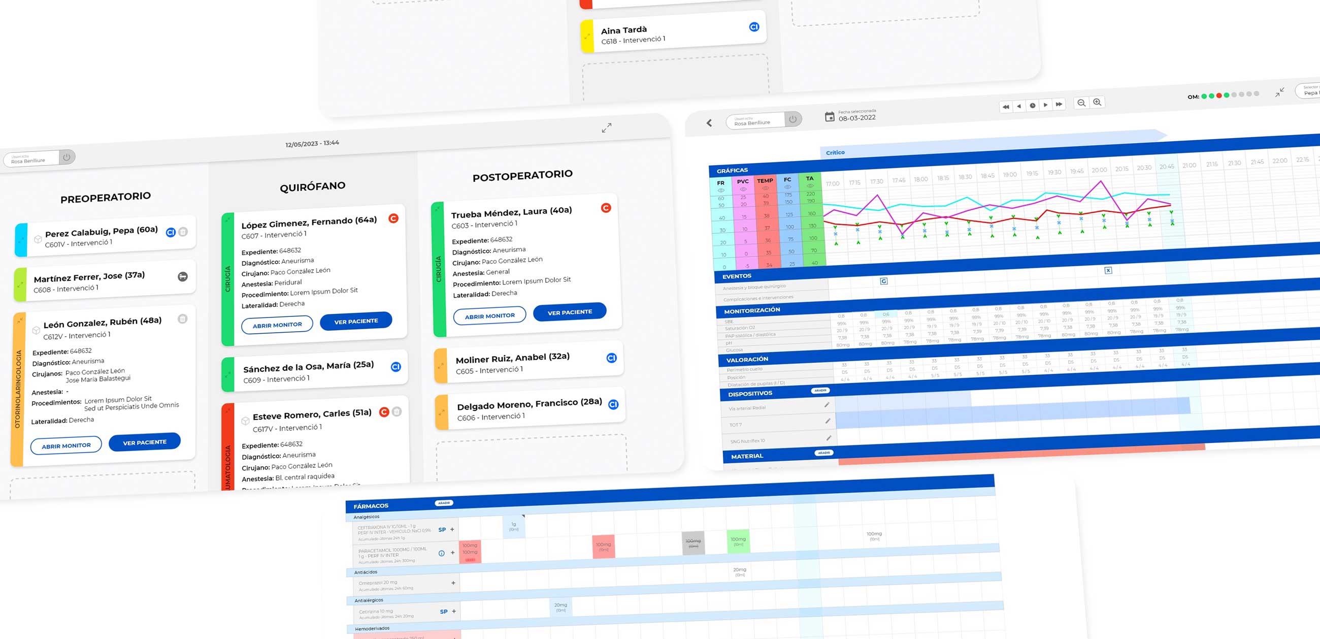 Pantallas digitales de software médico mostrando registros preoperatorios, quirúrgicos y postoperatorios con datos de pacientes, gráficos de signos vitales y monitoreo farmacológico.