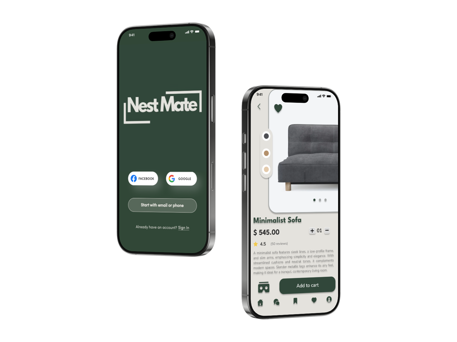 Two smartphones display Nest Mate app screens: one with login options via Facebook, Google, or email; the other shows a minimalist sofa product page with price, rating, color options, and Add to Cart button.