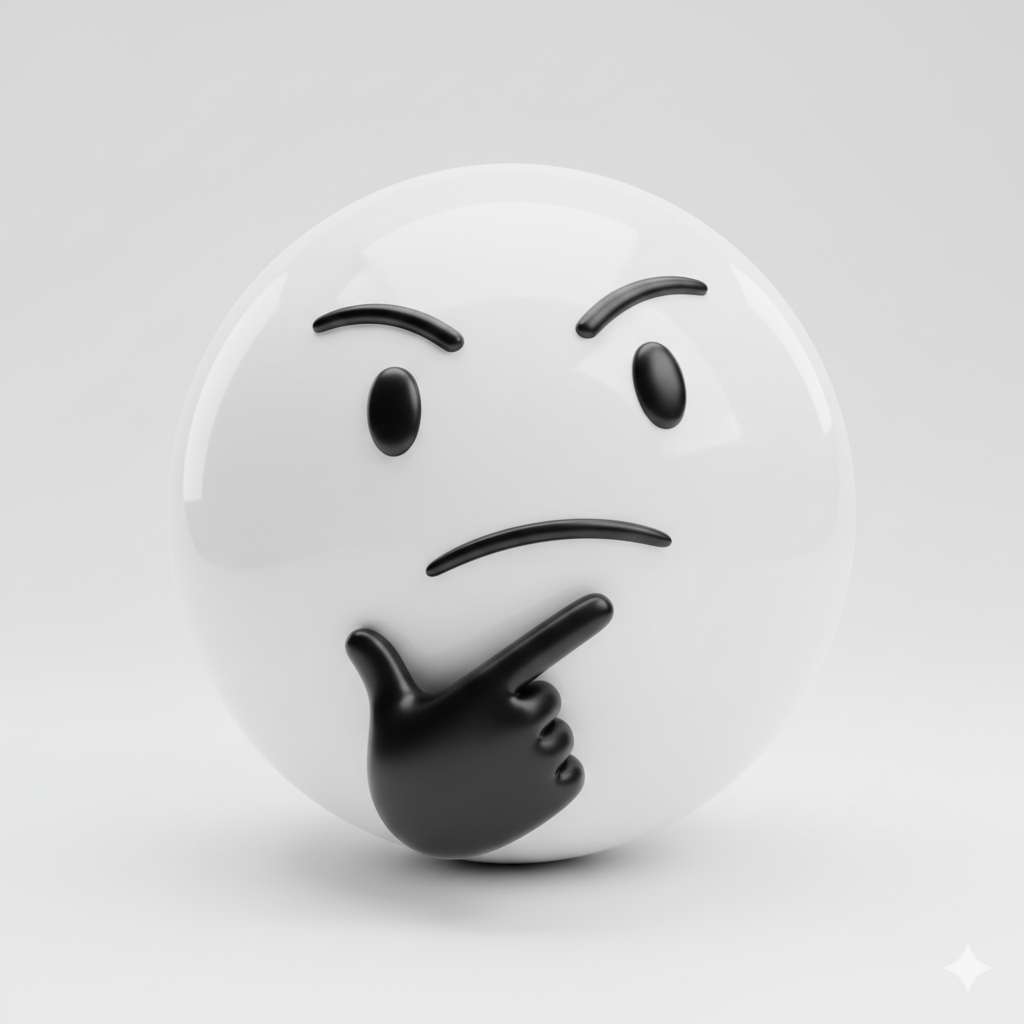 3D white thinking face emoji with raised eyebrows and black hand on chin.