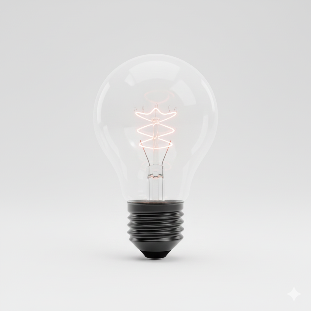 A clear incandescent light bulb with glowing filament against a white background.