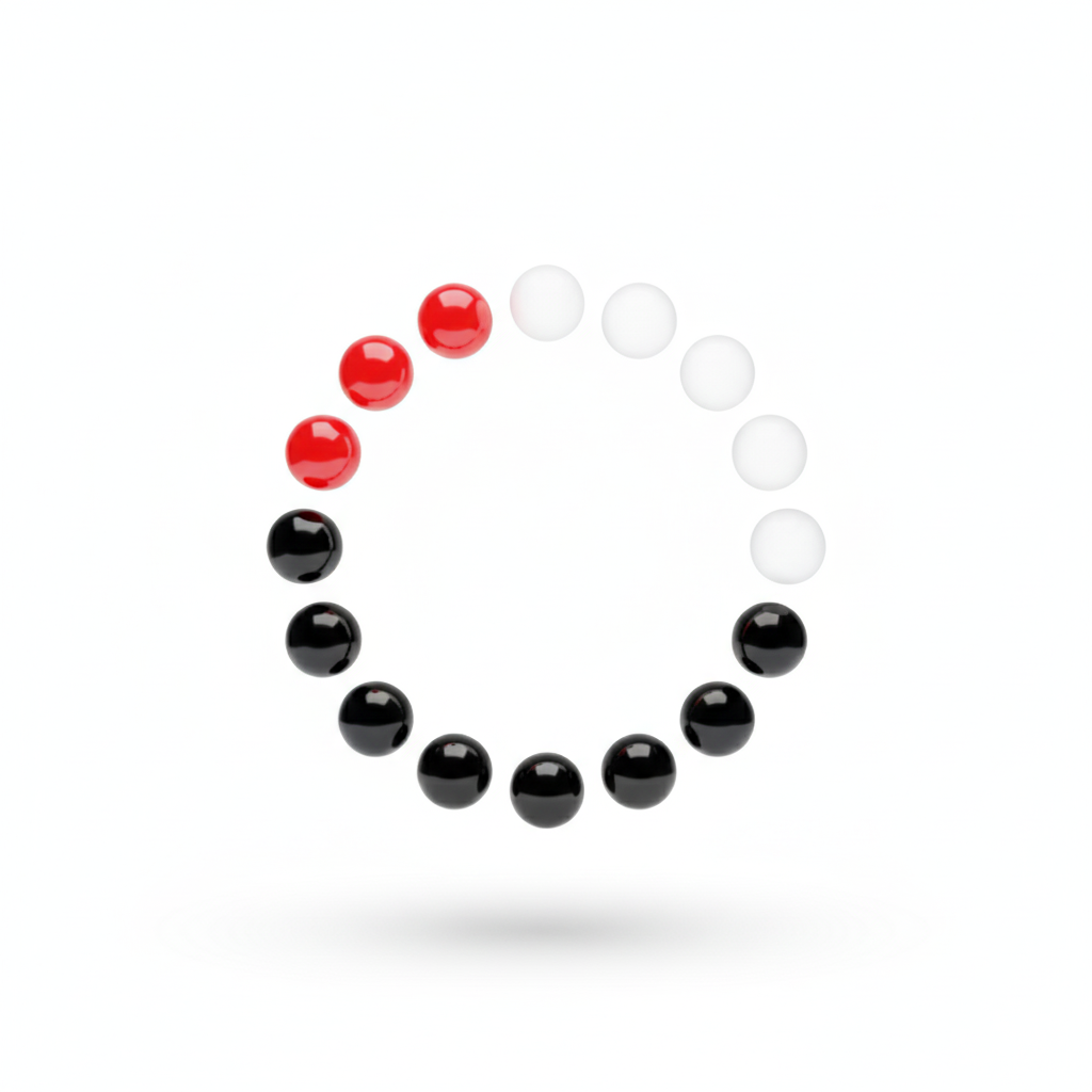 A circular loading icon composed of glossy spheres in red, black, and white on a white background.