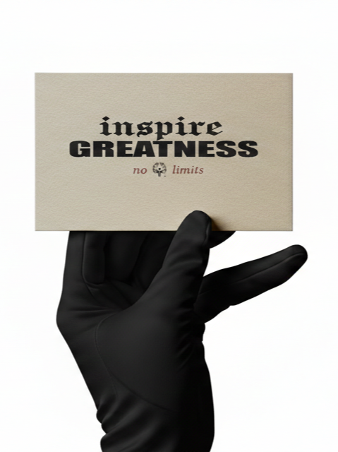 Black-gloved hand holding a beige card with text reading 'inspire GREATNESS no limits' and a small skull icon.