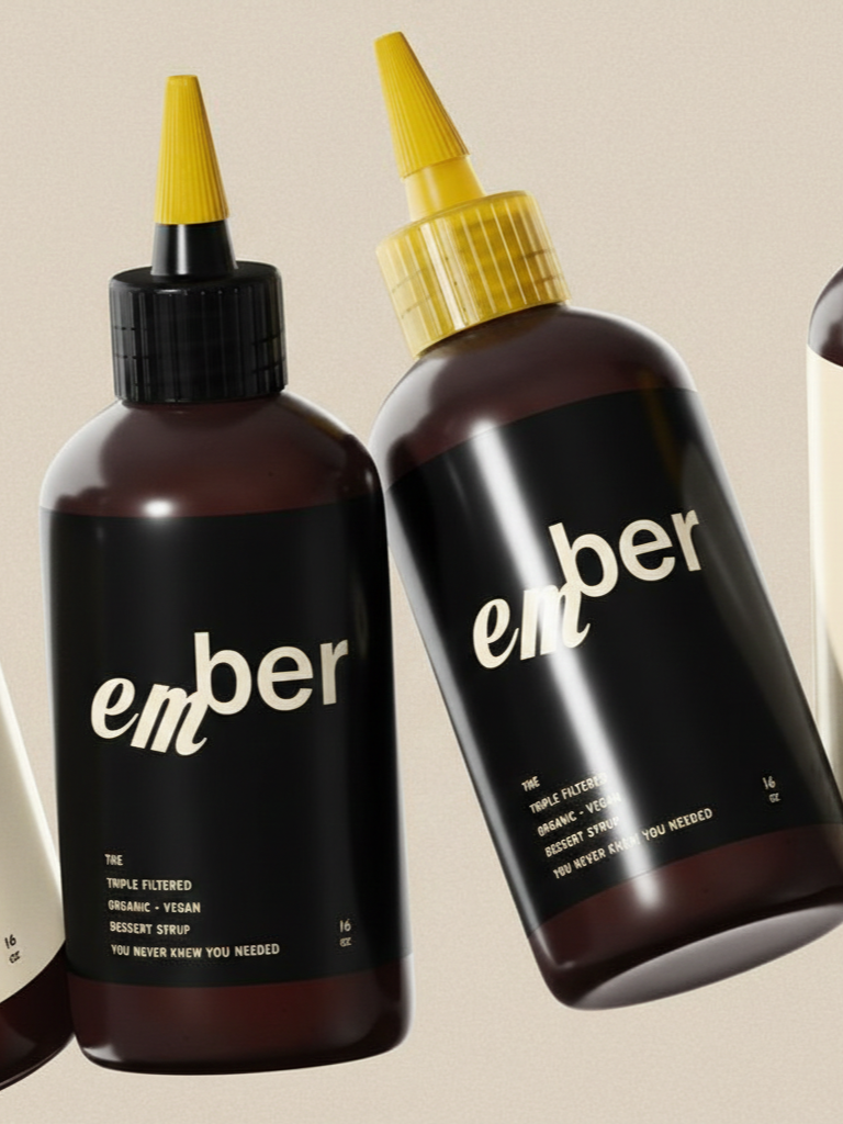 Two brown bottles with yellow nozzles labeled 'Ember' containing organic, vegan dessert syrup, 16 oz each.