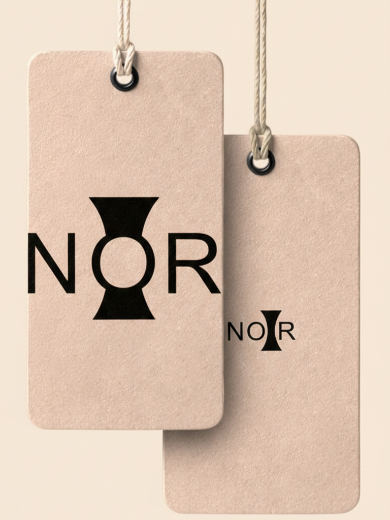 Two beige rectangular hanging tags with ropes, each featuring the word 'NOIR' in black with a stylized hourglass shape replacing the letter I.