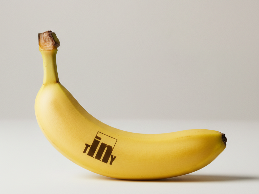 Single ripe banana with the word 'tiny' printed on its peel, placed on a neutral background.