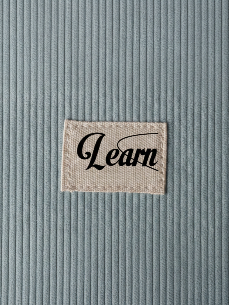 Beige fabric label with the word 'Learn' in black script on blue ribbed fabric background.