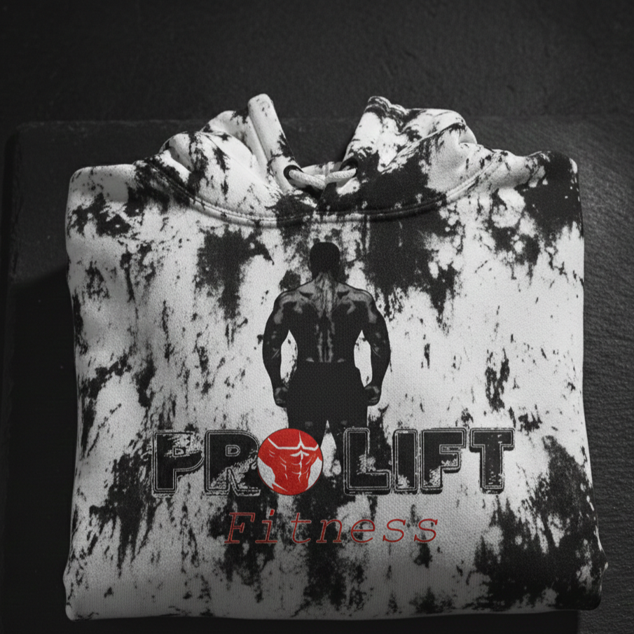 Folded black and white tie-dye hoodie with a graphic of a muscular man and the text 'PRO LIFT Fitness'.