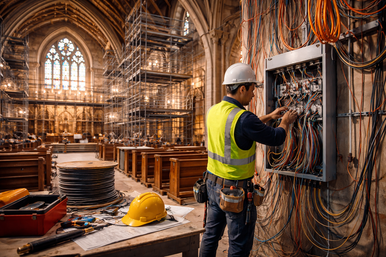 Intérieur d'une église avec des bancs en bois alignés, un plafond en bois sombre à poutres apparentes et des vitraux colorés sur les murs.