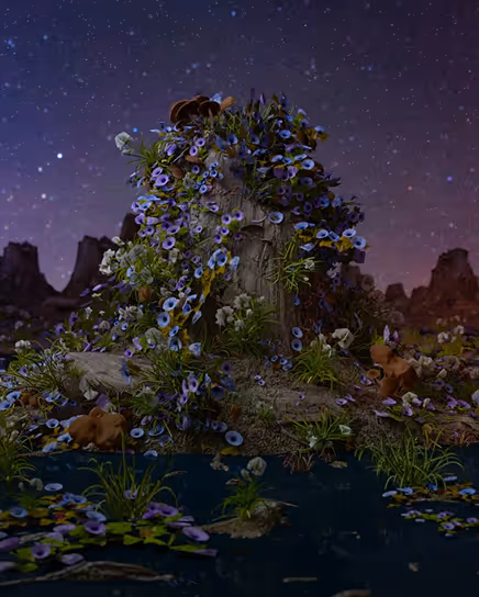 A tree stump covered with blue and purple flowers under a starry night sky in a desert landscape with rock formations.