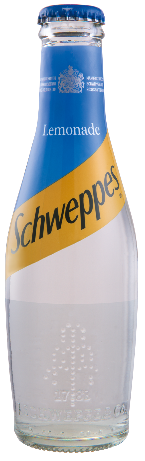 Clear glass bottle of Schweppes Lemonade with blue and yellow label and blue bottle cap.
