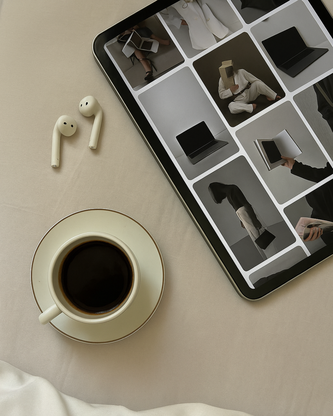 Top view of a cup of black coffee on a saucer, wireless earbuds, and a tablet displaying a grid of fashion and tech images on a beige surface.