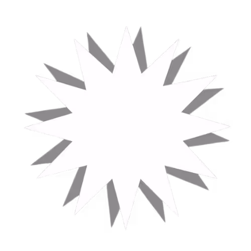 White burst star shape with a black shadow on transparent background.