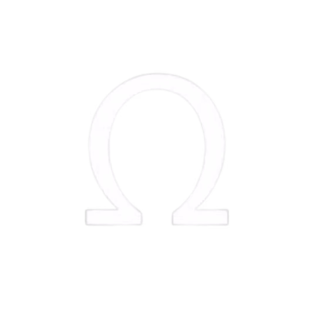 White Omega symbol on black background.