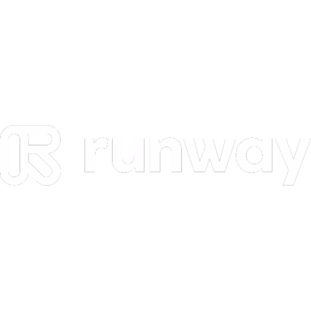 Runway brand logo with stylized R and the text 'runway' in white on black background.