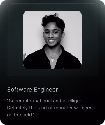 Smiling young man with curly hair wearing a dark shirt and a necklace, accompanied by a testimonial calling him a software engineer and praising his informational and intelligent recruiting skills.