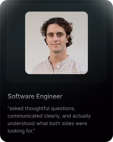 Portrait of a man with curly brown hair wearing a checkered shirt, above text reading 'Software Engineer' and a testimonial quote.