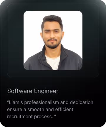 Portrait of a man with short dark hair and beard wearing a black jacket, identified as a Software Engineer with a quote about professionalism and dedication.