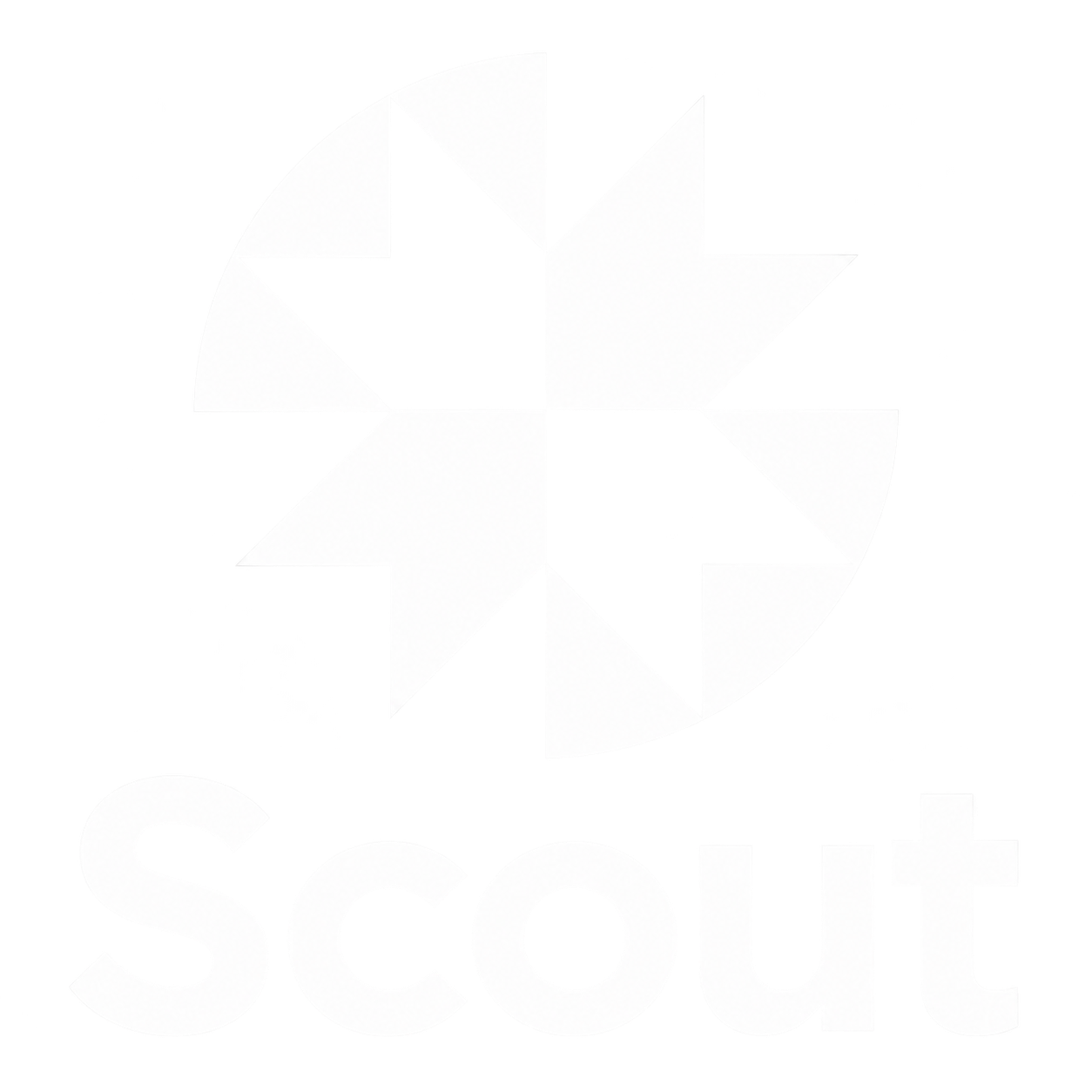 Abstract white logo with intertwined geometric shapes and a circle on a transparent background.
