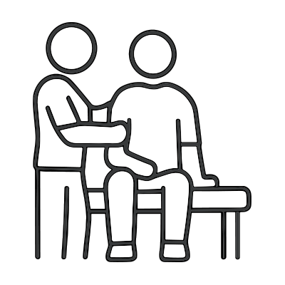 Illustration of a person assisting another seated person by supporting their arm.