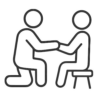 Icon of two simplified human figures interacting; one kneeling and the other sitting on a stool.