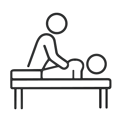 Icon of a person giving a massage to another person lying on a table.