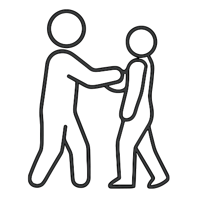 Icon of two simplified human figures engaged in a one-on-one interaction, one figure facing and holding the other.