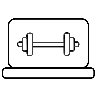 Graphic of a laptop displaying a barbell weightlifting icon on its screen.