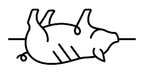 Silhouette of a pig lying down on its side with three lines on its belly and a small curly tail.