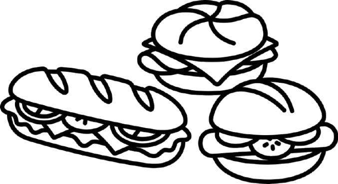Line drawing of three sandwiches: a sub sandwich, a burger with cheese, and a sandwich with lettuce and tomato.