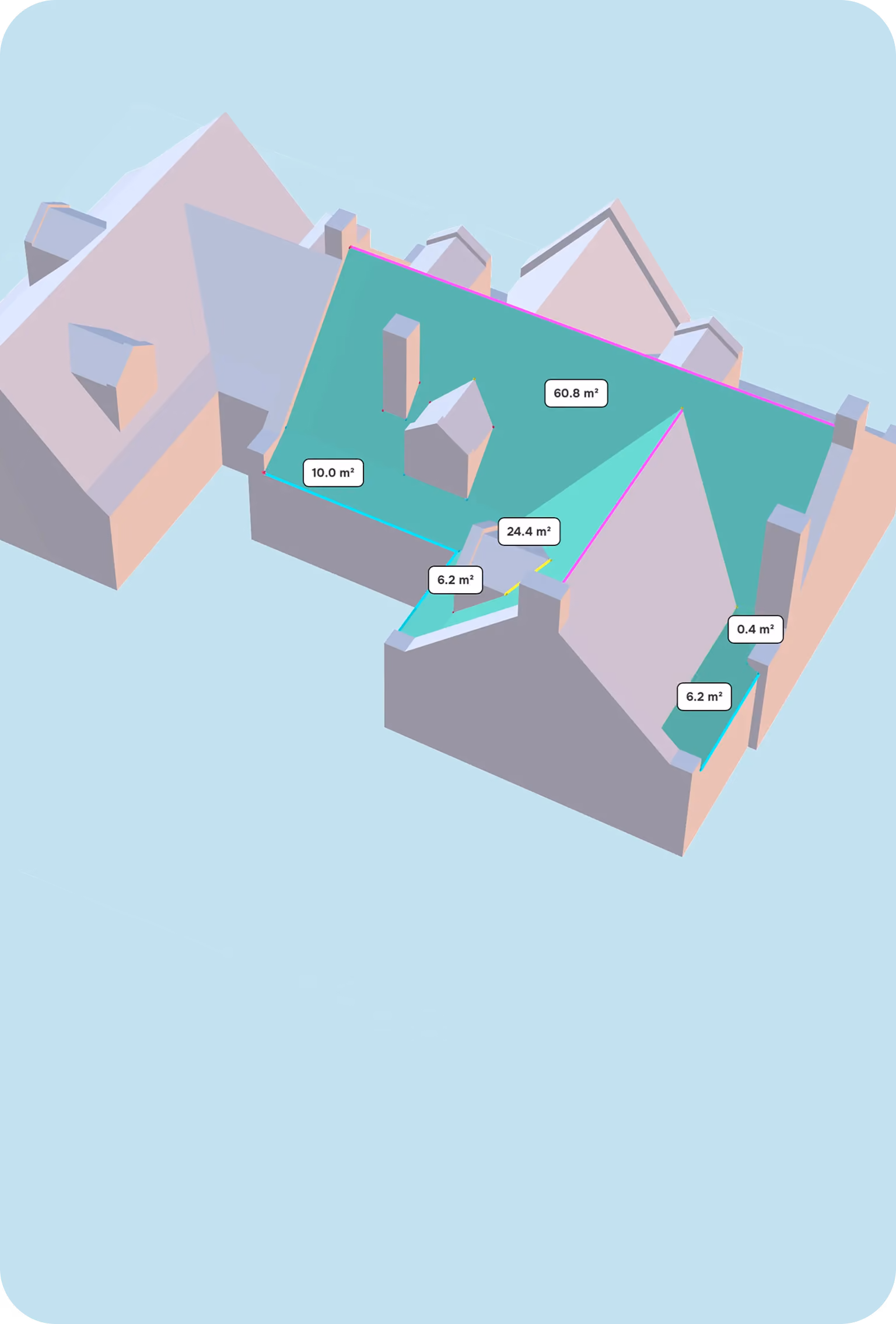 3D roof model with labeled surface areas: