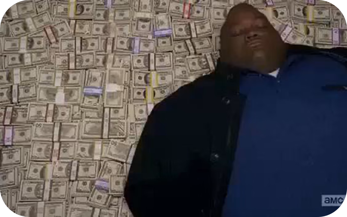 Man lying on a large pile of bundled US hundred-dollar bills.