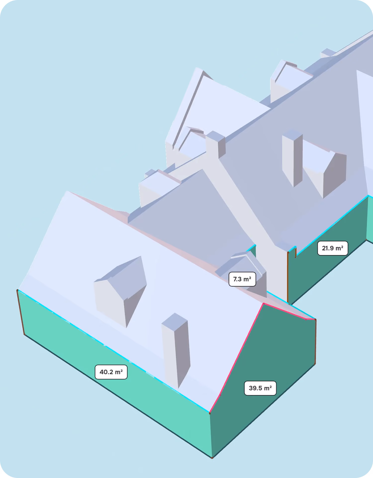 3D architectural model of two attached buildings with roof structures and labeled facade areas in square meters.