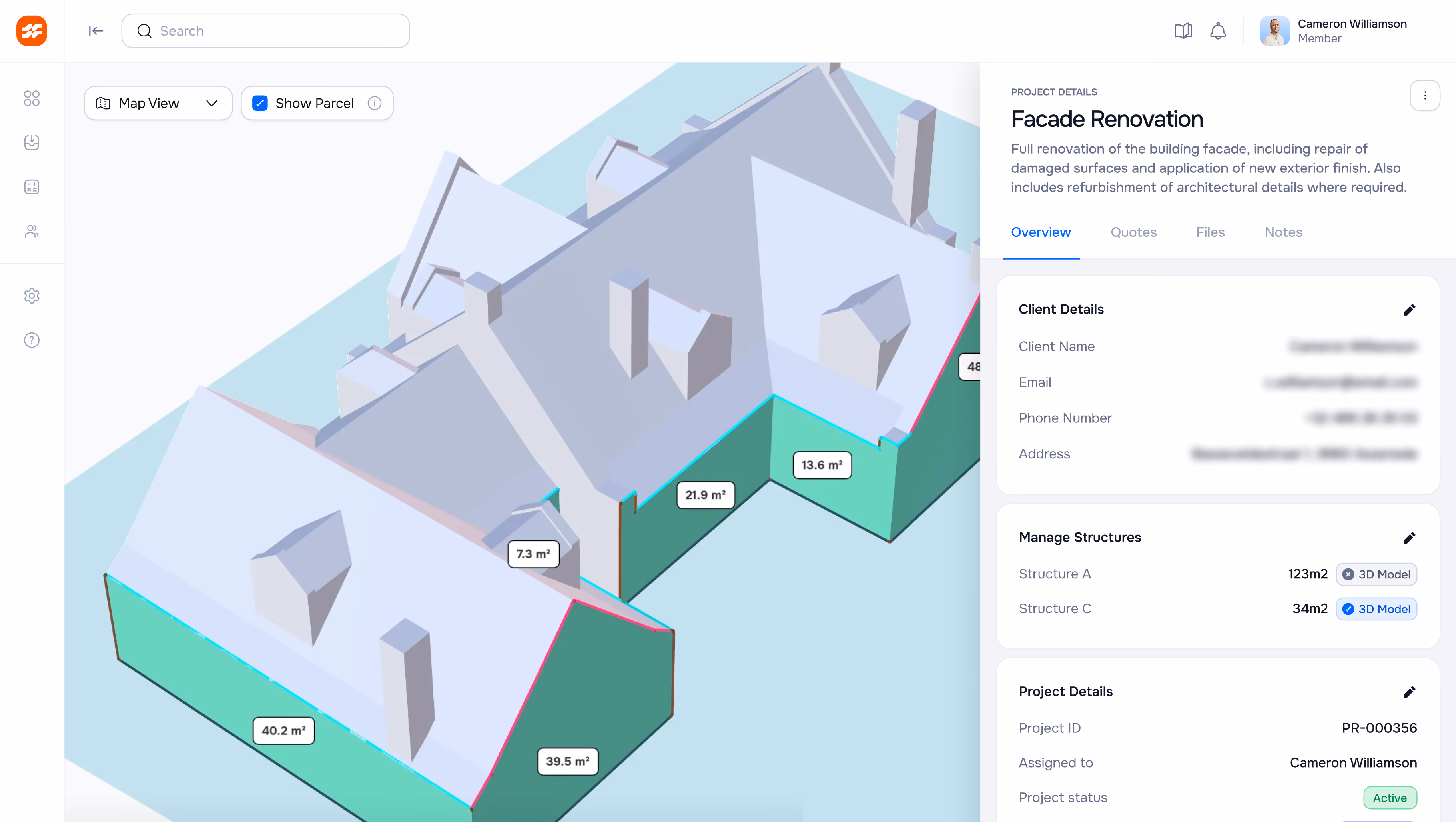 Detailed 3D model of a house in the Spotable software with automatic area calculations for facade renovation.
