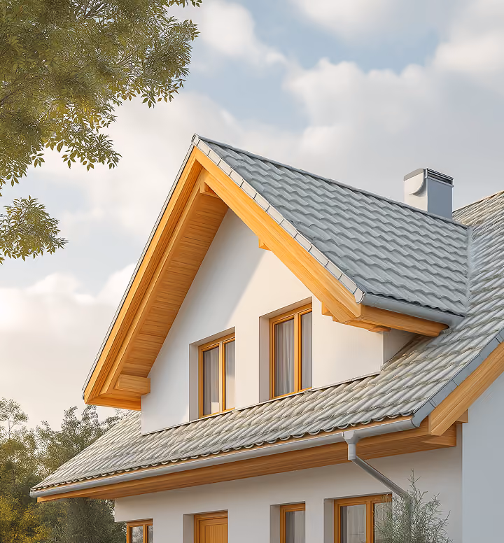 Modern house exterior with gray tiled roof, wooden window frames, and a chimney under a partly cloudy sky.