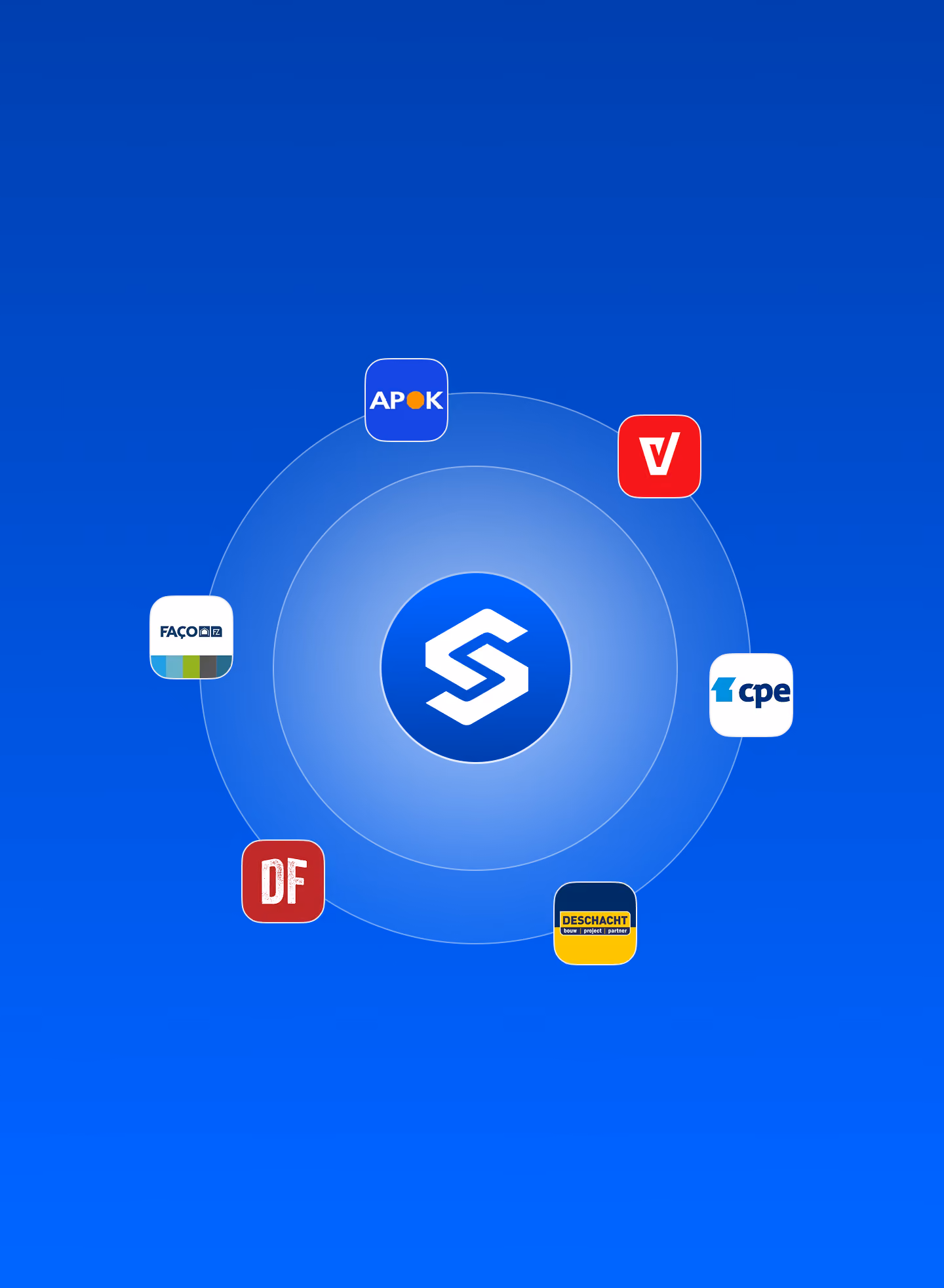 Central blue circle with a stylized white S surrounded by six smaller logos arranged in a circular orbit on a blue gradient background.