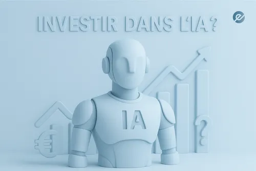 Illustration 3D minimaliste en bleu pastel représentant un parent et un enfant avec des symboles financiers et un graphique boursier en arrière-plan, accompagnée du texte « Comment investir pour ses enfants ?